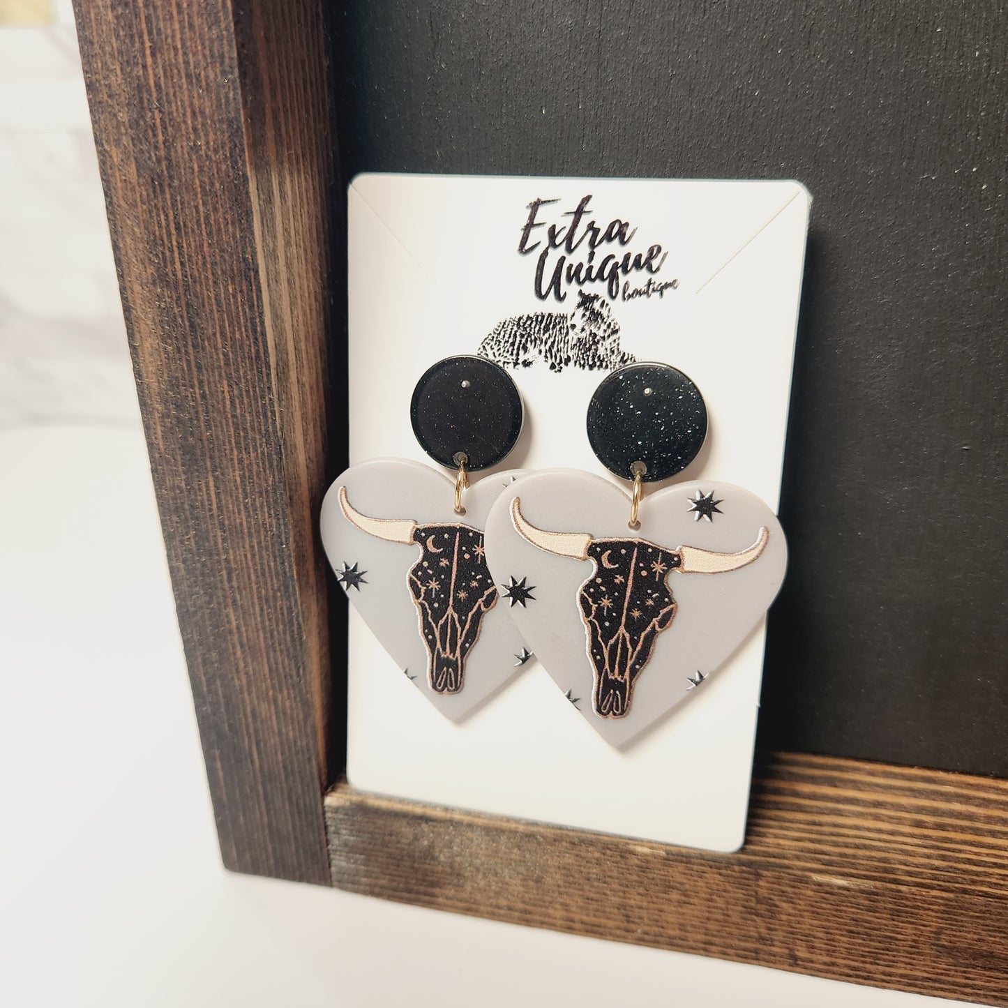 Acetate Heart Cow Skull Drop Earrings