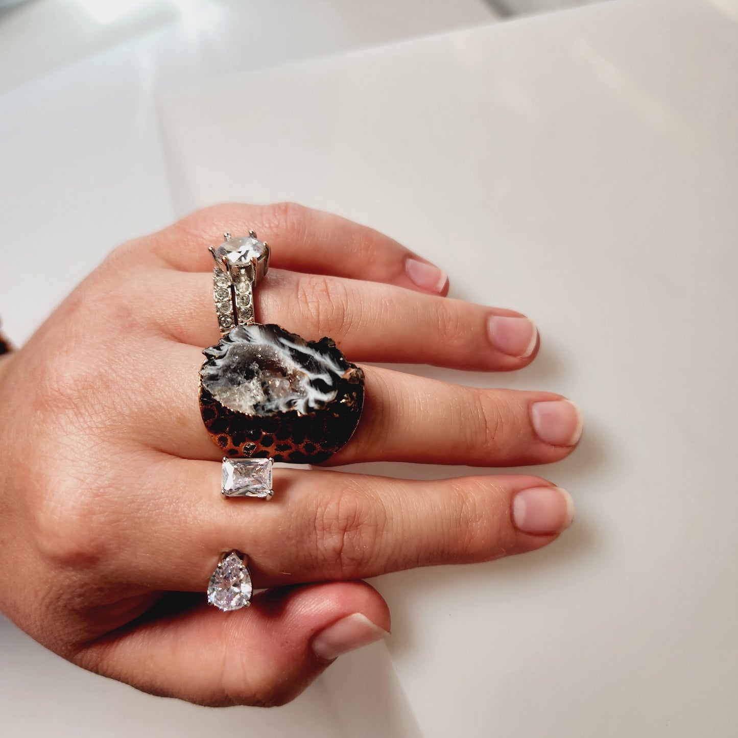 Zircon Stone Adjustable Double Stone Silver Ring