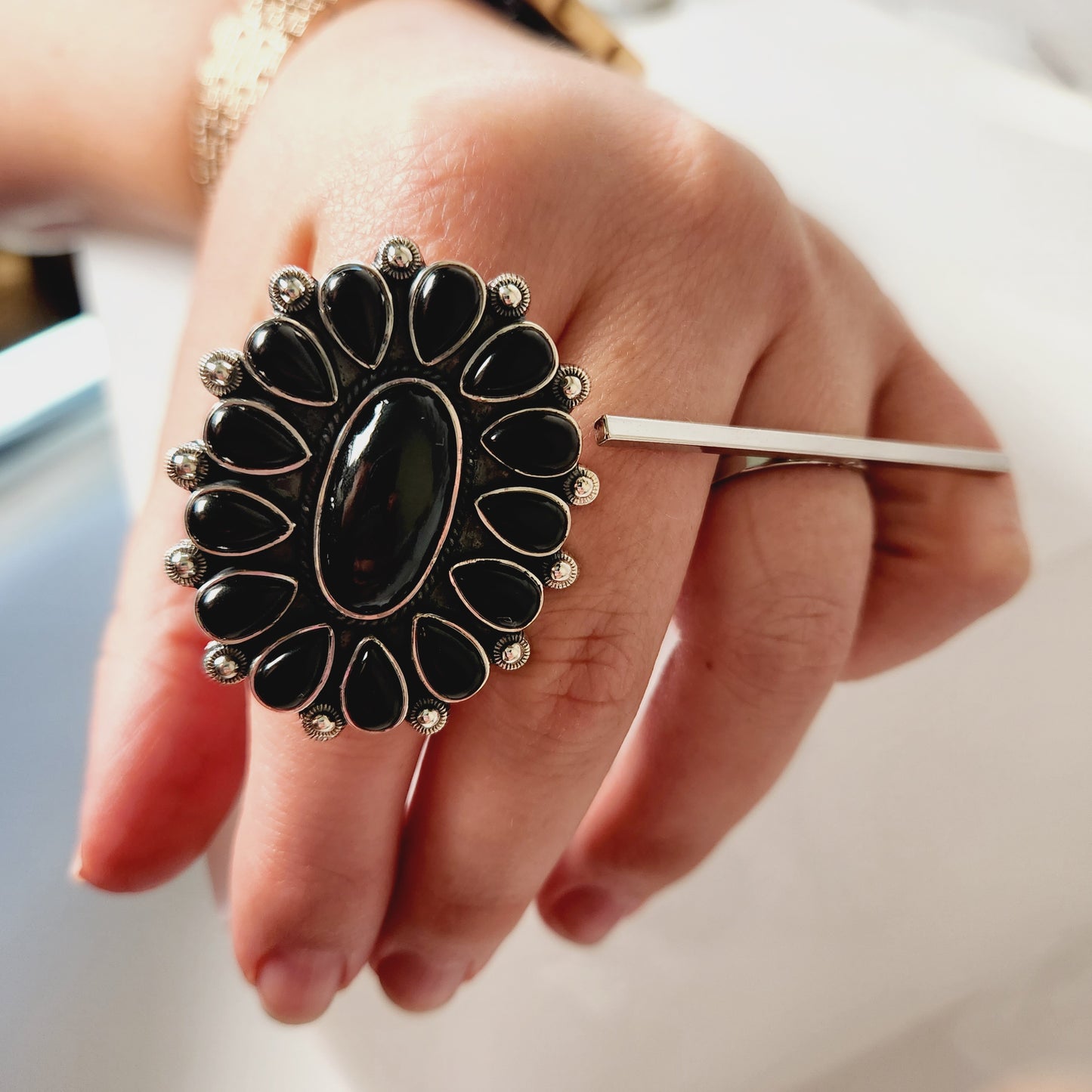 Silvertone Long Square Bar Statement Ring