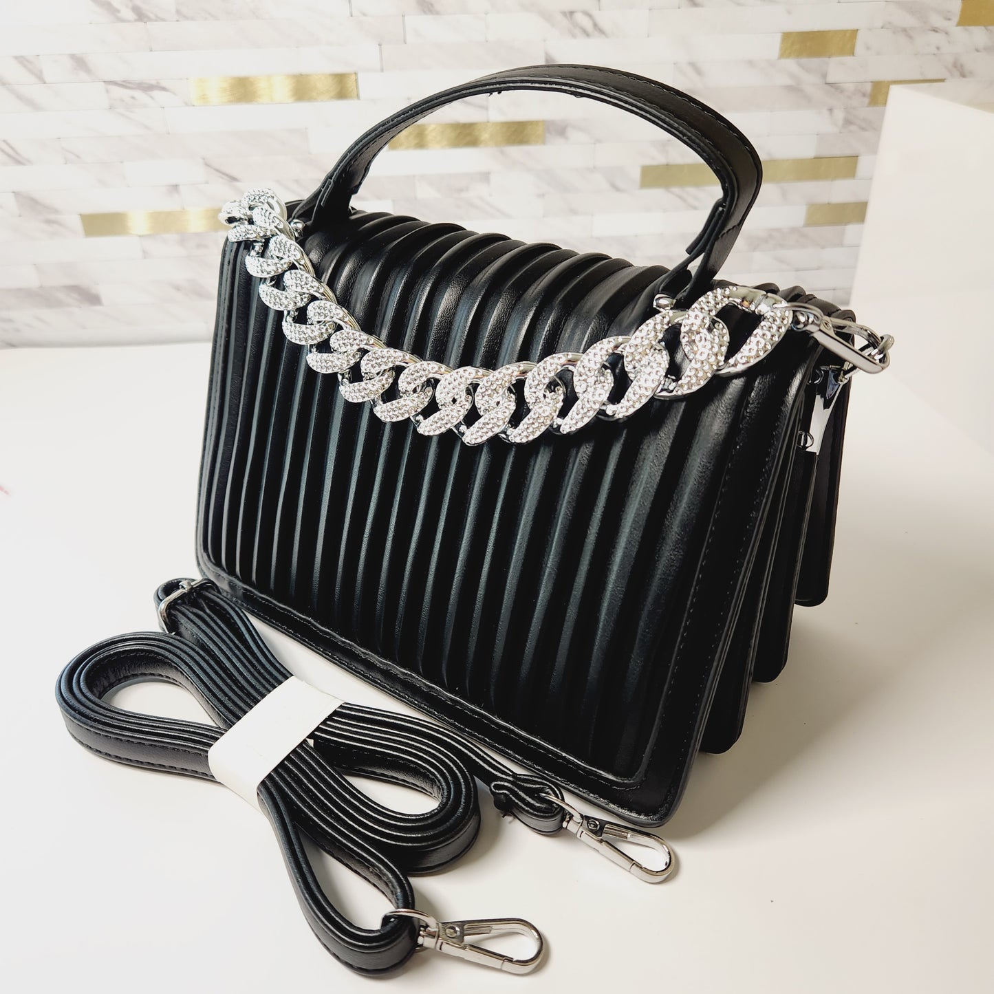 Black Ribbed Crossbody Purse with Silver Chain