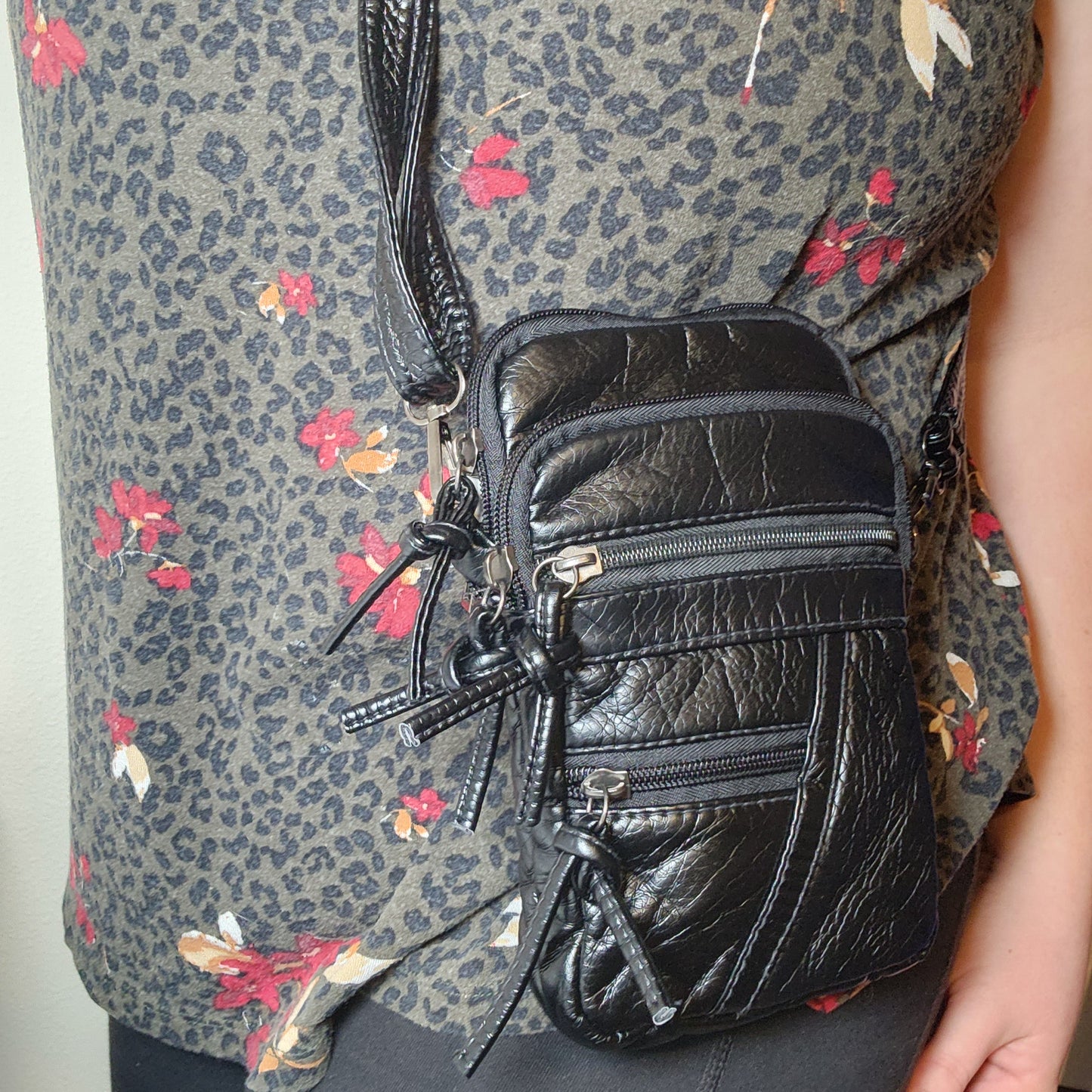 Black Soft Washed PU Leather Mini Zippered Crossbody