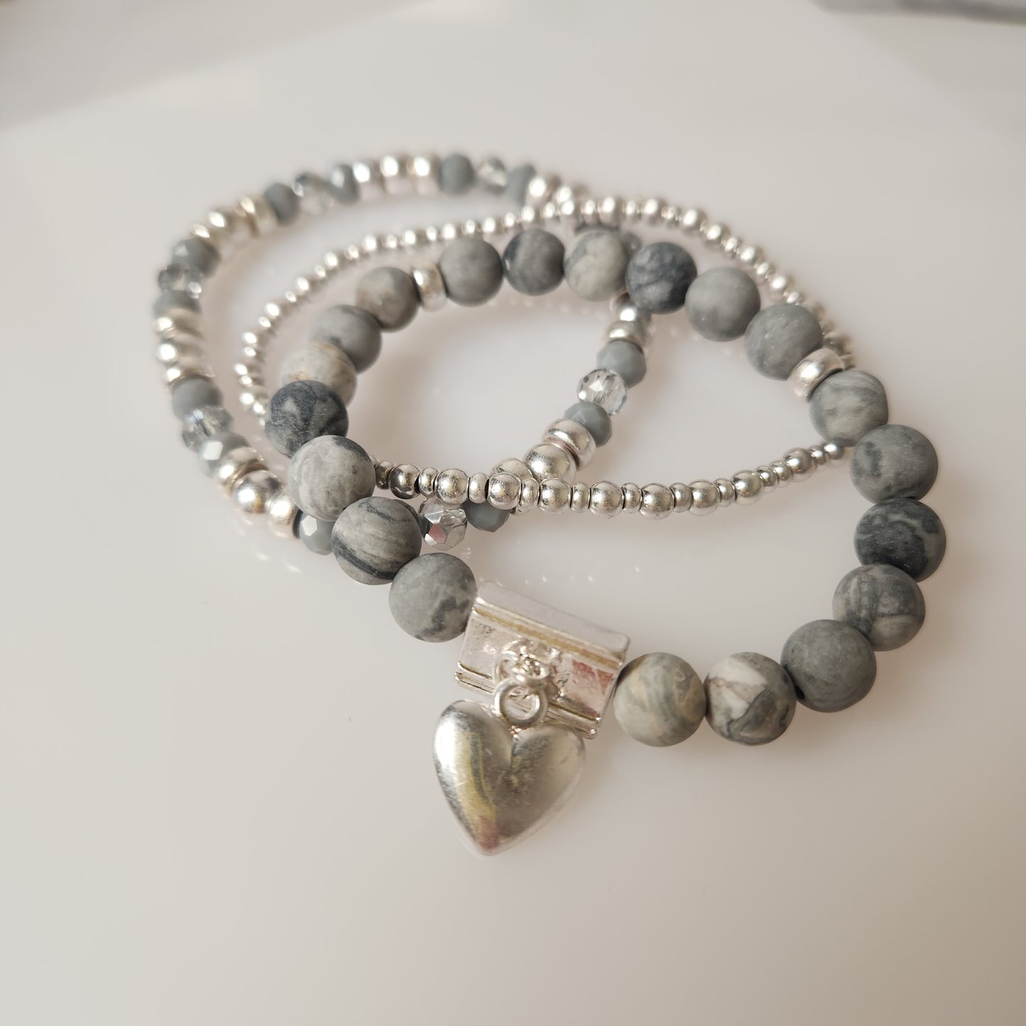 Set of Three Silver Heart Semi Precious Beaded Stretch Bracelets