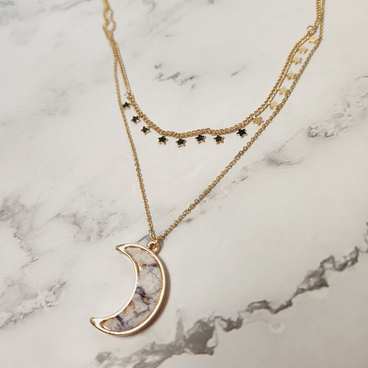 Howlite Druzy Moon Layered Goldtone Necklace