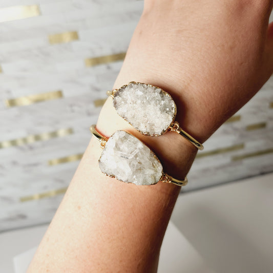 Raw Quartz Druzy Bangle Wire Wrapped Gold Plated Bracelet