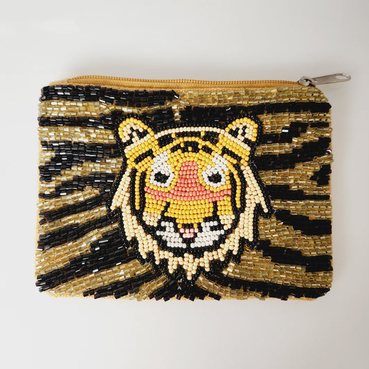 Tiger Gold and Black Seed Bead Coin Purse Zipper Bag