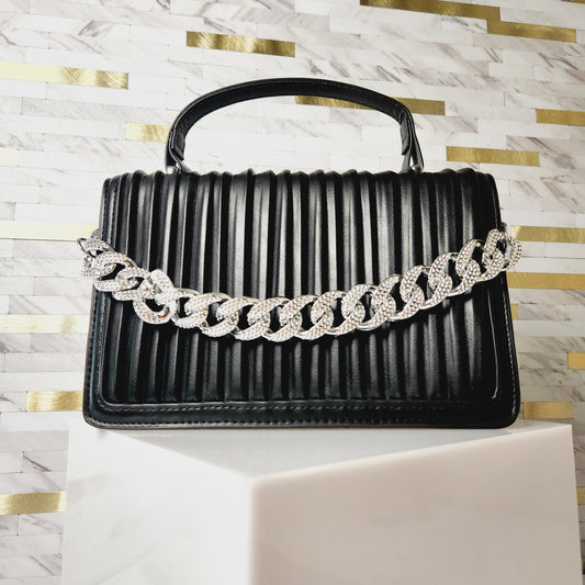Black Ribbed Crossbody Purse with Silver Chain