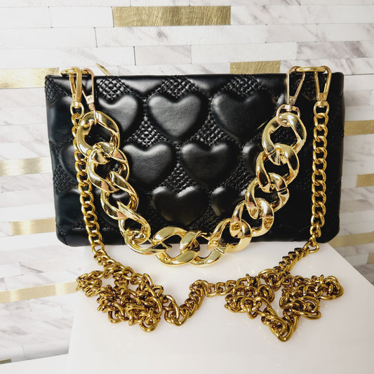 Black Puffy Heart Crossbody with Gold Chains