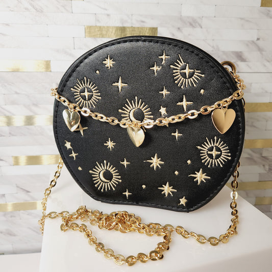 Black Celestial Round Embroidery Crossbody Purse with Heart Chain