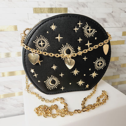 Black Celestial Round Embroidery Crossbody Purse with Heart Chain