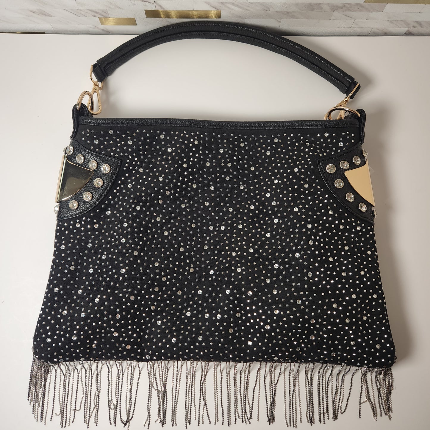 Black Rhinestone Studded Fringe Hobo Handbag