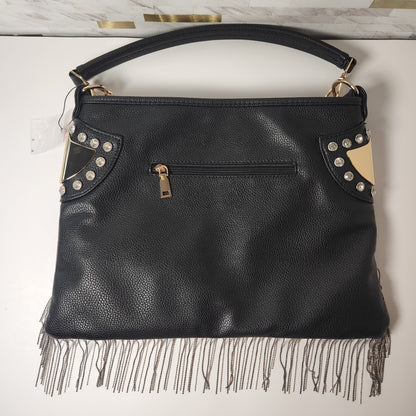 Black Rhinestone Studded Fringe Hobo Handbag
