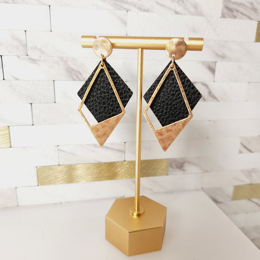 Goldtone Faux Leather Black Diamond Shape Earrings