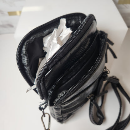 Black Soft Washed PU Leather Mini Zippered Crossbody