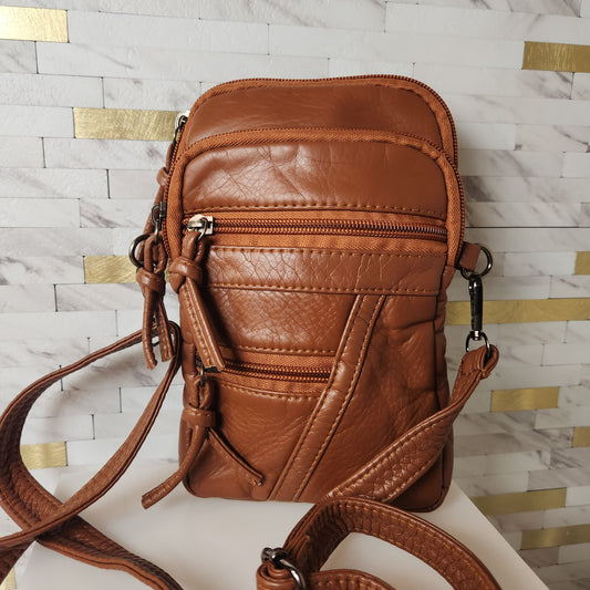 Tan Brown Soft Washed PU Leather Mini Zippered Crossbody