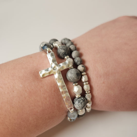 Semi Precious Set of Three Beaded Bracelets With Hammered Cross Focal