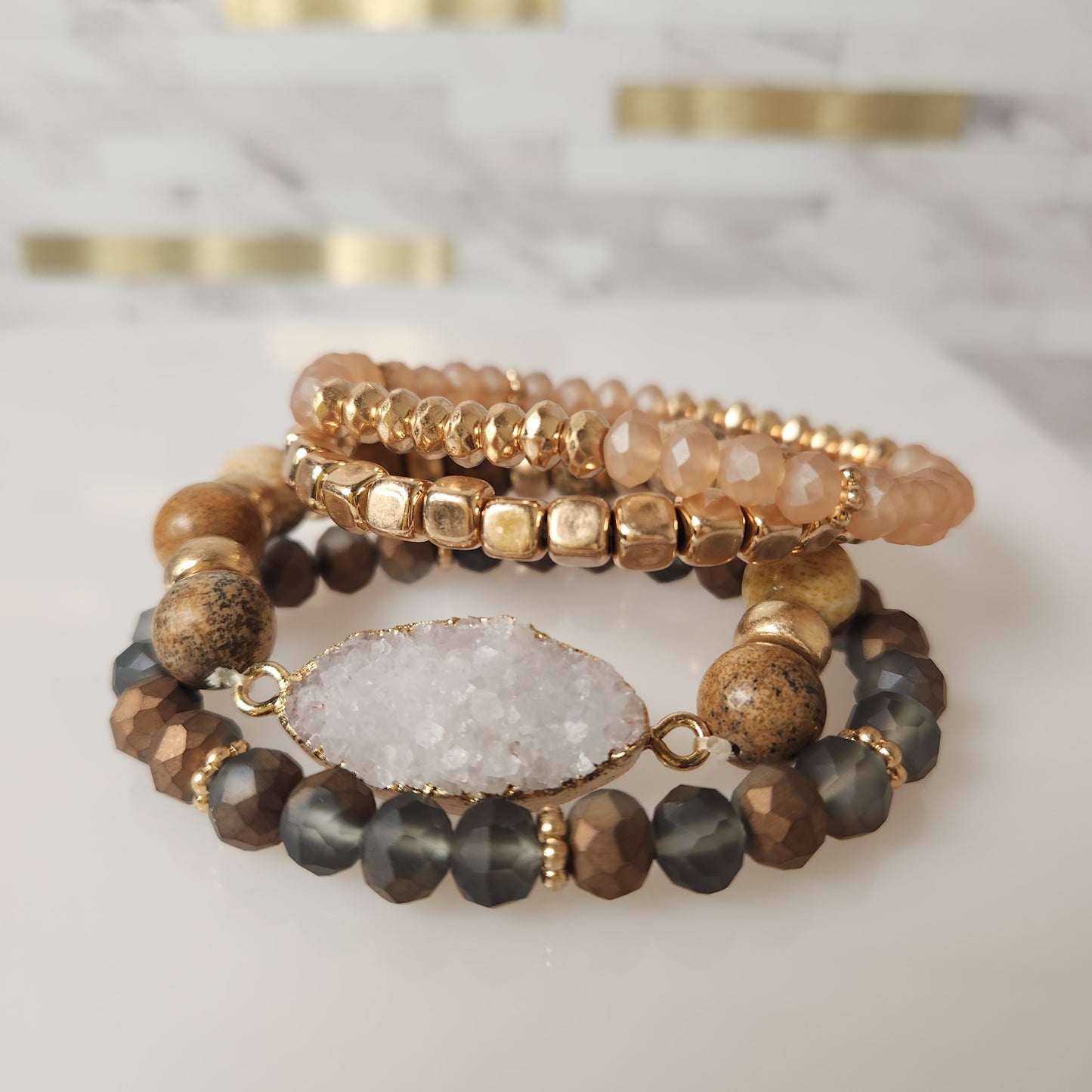 Set of Four Beaded Stretch Bracelets with Druzy Accent