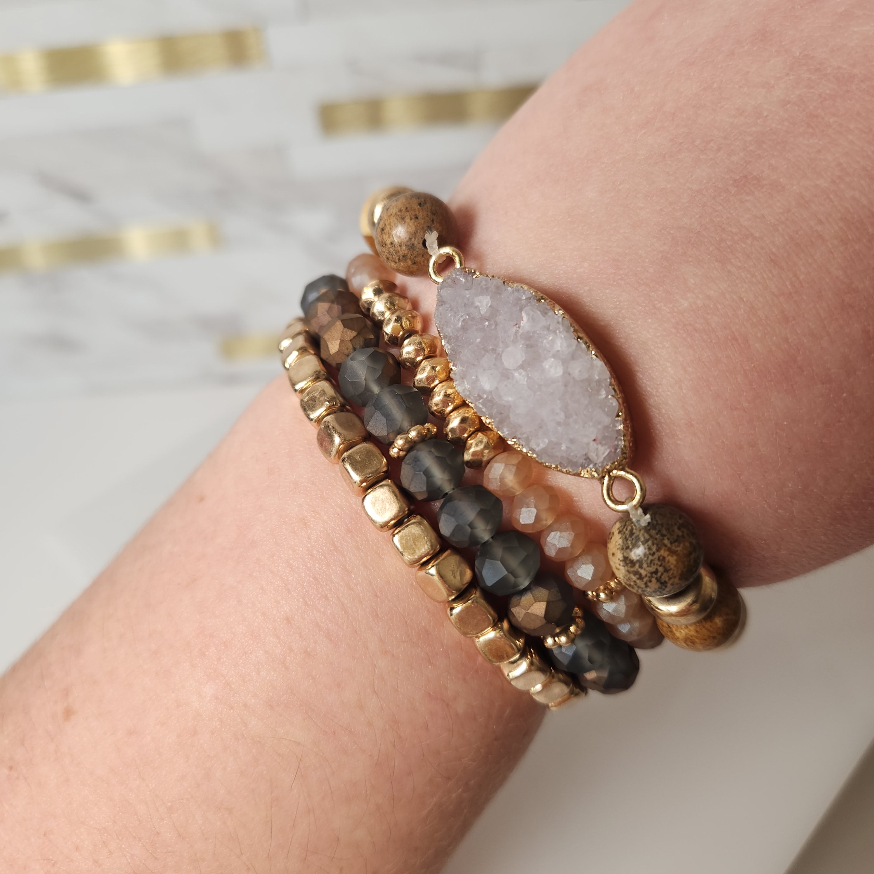 Druzy Bracelet, Druzy Stretch store Bracelet, Beaded Stretch Bracelet, Pyrite Stacking Bracelet