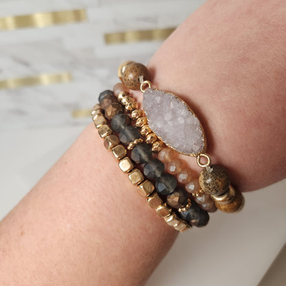 Set of Four Beaded Stretch Bracelets with Druzy Accent