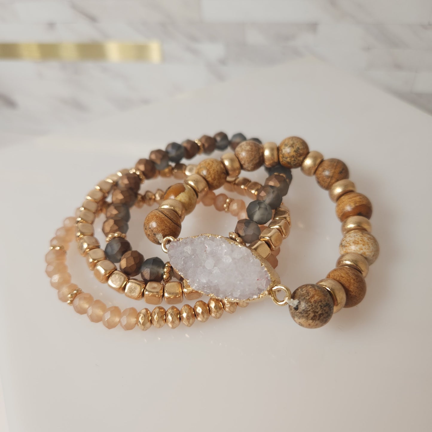 Set of Four Beaded Stretch Bracelets with Druzy Accent