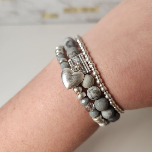 Set of Three Silver Heart Semi Precious Beaded Stretch Bracelets